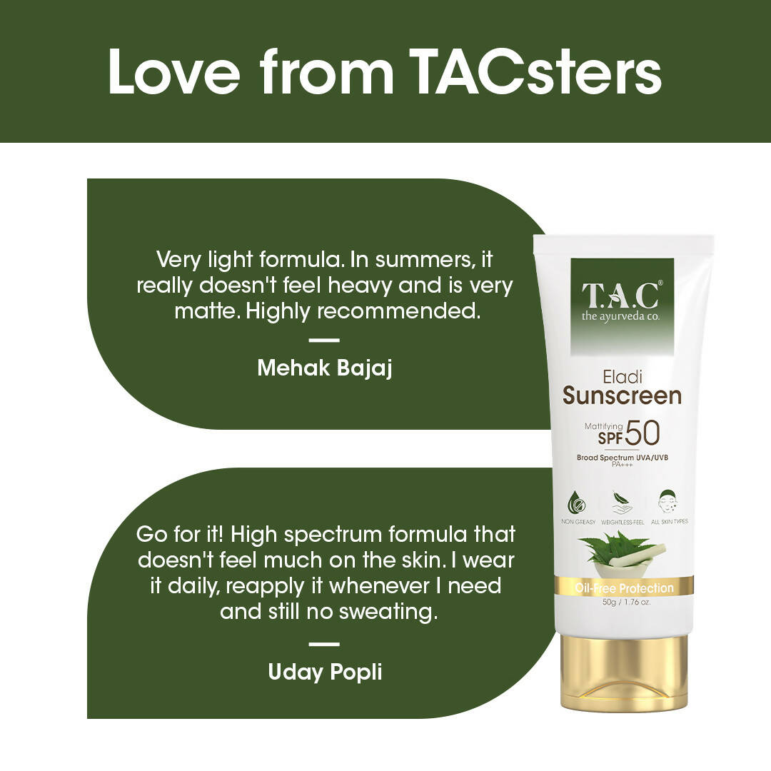 TAC - The Ayurveda Co. Eladi Sunscreen, Matifying SPF 50 & PA+++, for Women & Men - Distacart