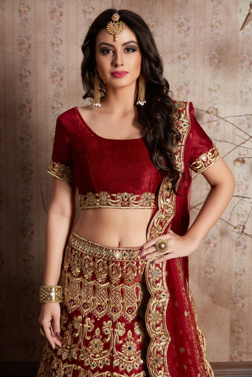 Aastha Fashion Women's Maroon Zari & Sequins Embroidery Velvet Silk Designer Lehenga Choli - Distacart