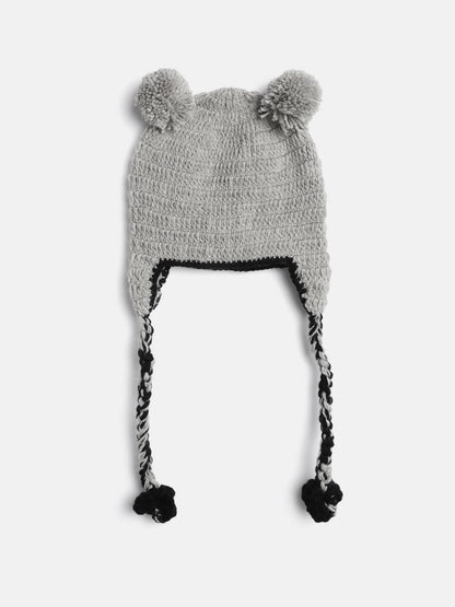 Chutput Kids Woollen Hand Knitted Kuala Bear Detail Cap - Grey - Distacart