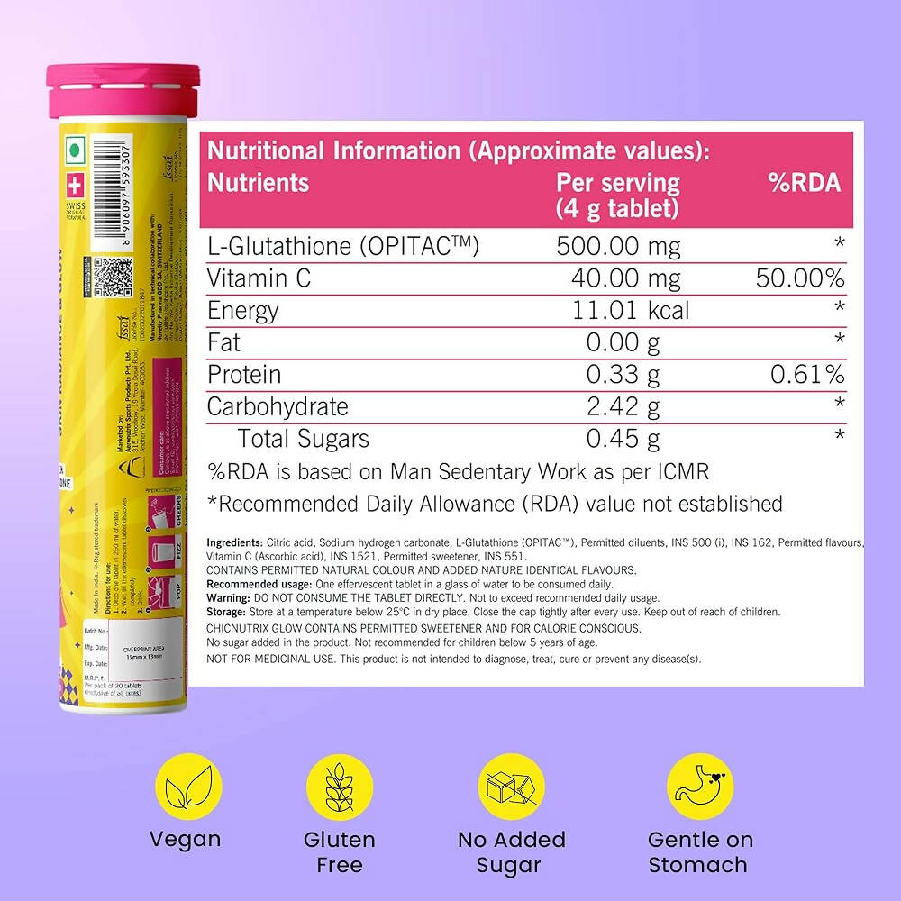 Chicnutrix Glow 500mg Effervescent Tablets - Strawberry & Lemon Flavor - Distacart