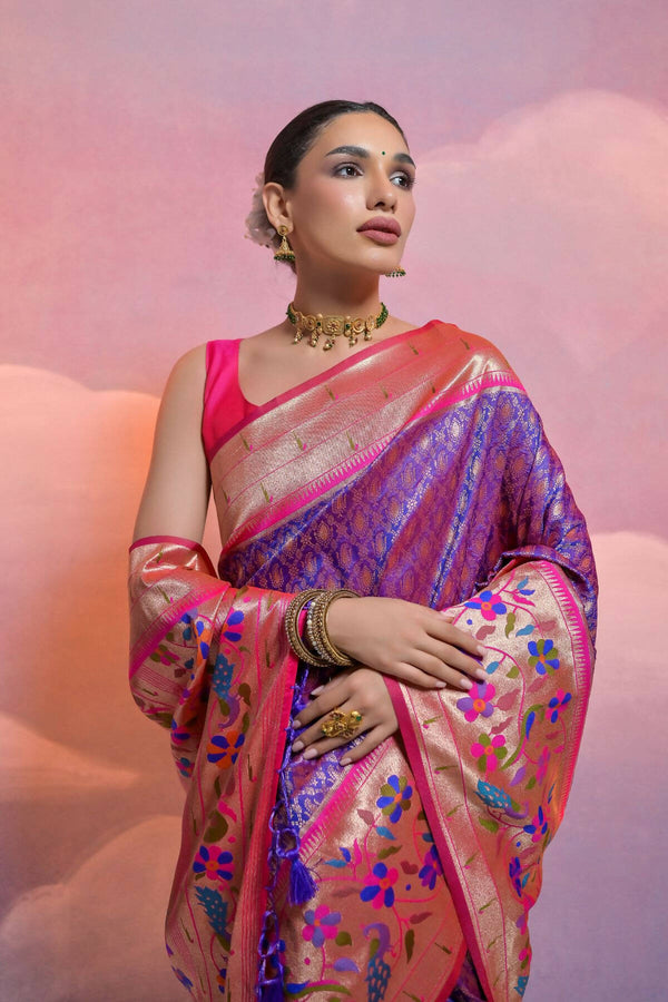Vishnu Weaves Women's Royal-Blue Paithani Silk Zari Woven Saree with Blouse - Distacart