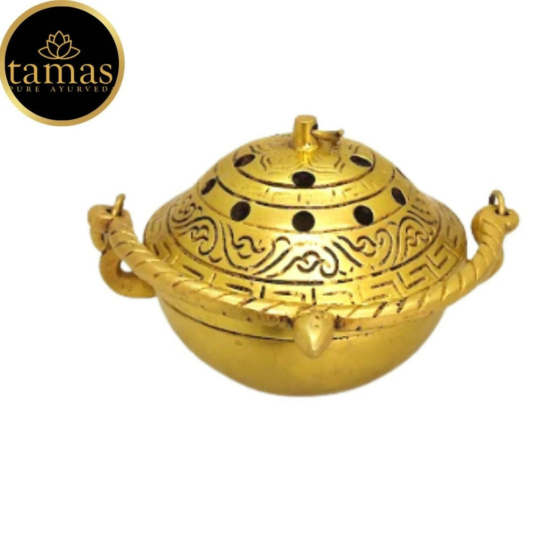 Tamas Brass Small Dhoop Burner with Handle and Lid (Golden) - Distacart