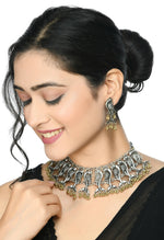 Thumbnail for Mominos Fashion Johar Kamal Oxidised Silver-Plated Brass Finish Peacock Choker For Women (Silver/Golden) - Distacart