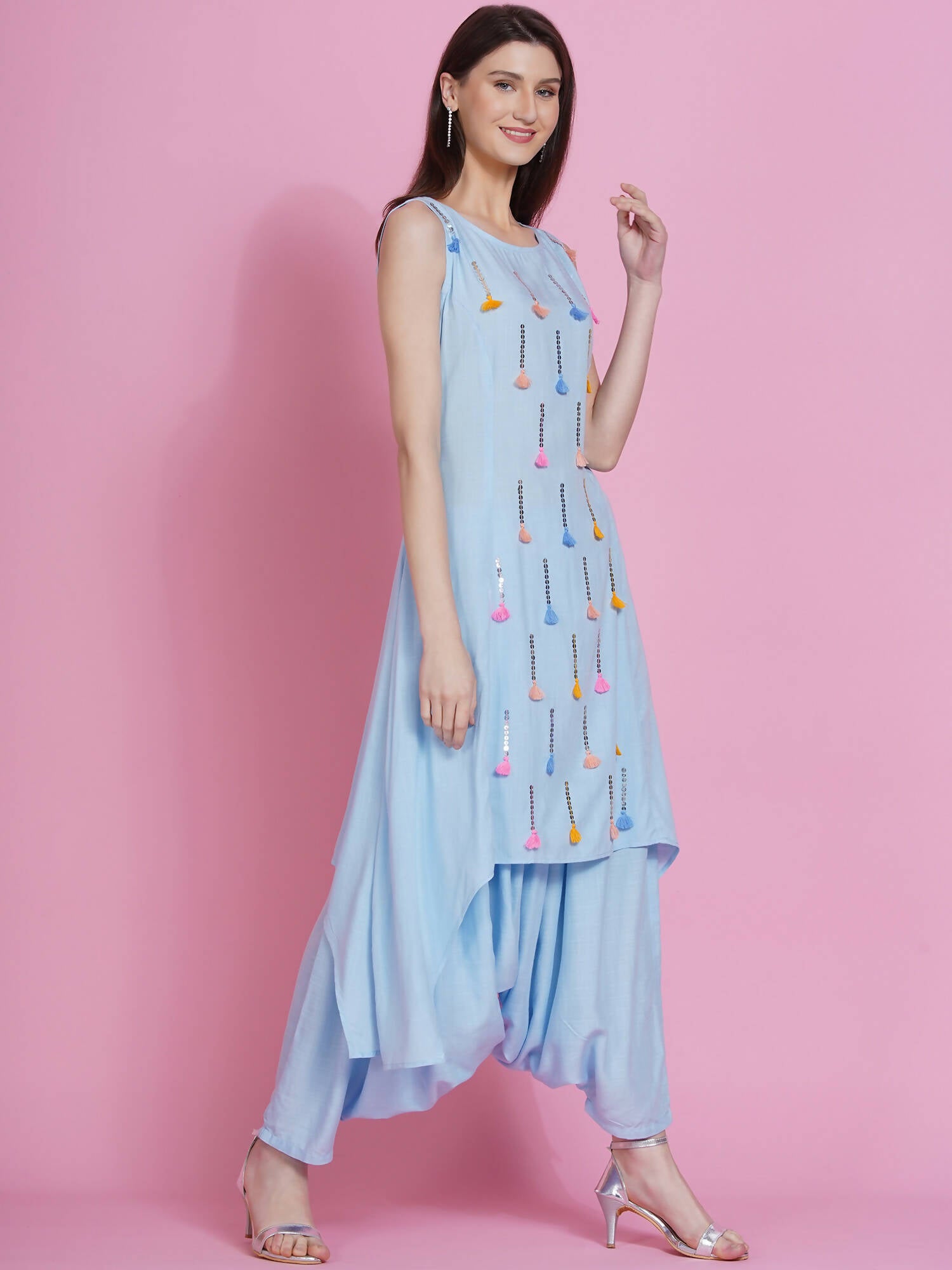 Women Republic Powder Blue Hand Embellished Kurta With Harem Pants - Distacart