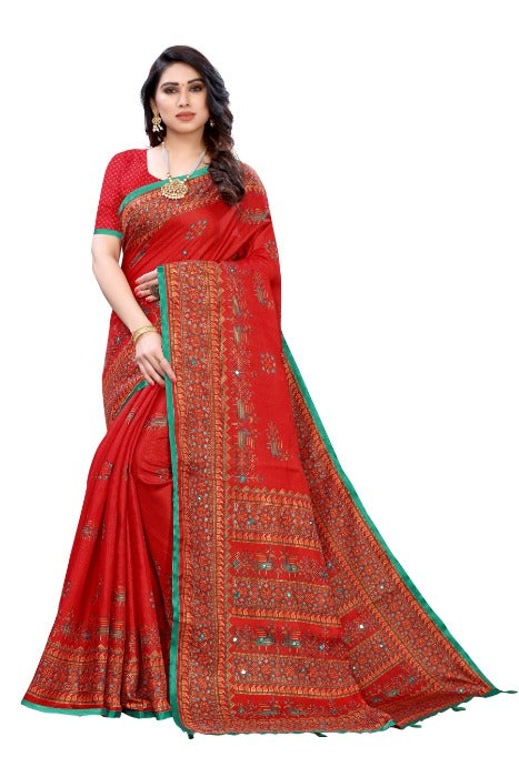 Vamika Red Mirror Work With Jhalar Khadi Silk Saree (AASHI RED)