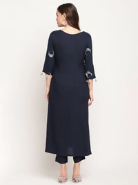 Thumbnail for Ahalyaa Women's Navy Blue Rayon Foil & Khari Print Kurta Trouser Set