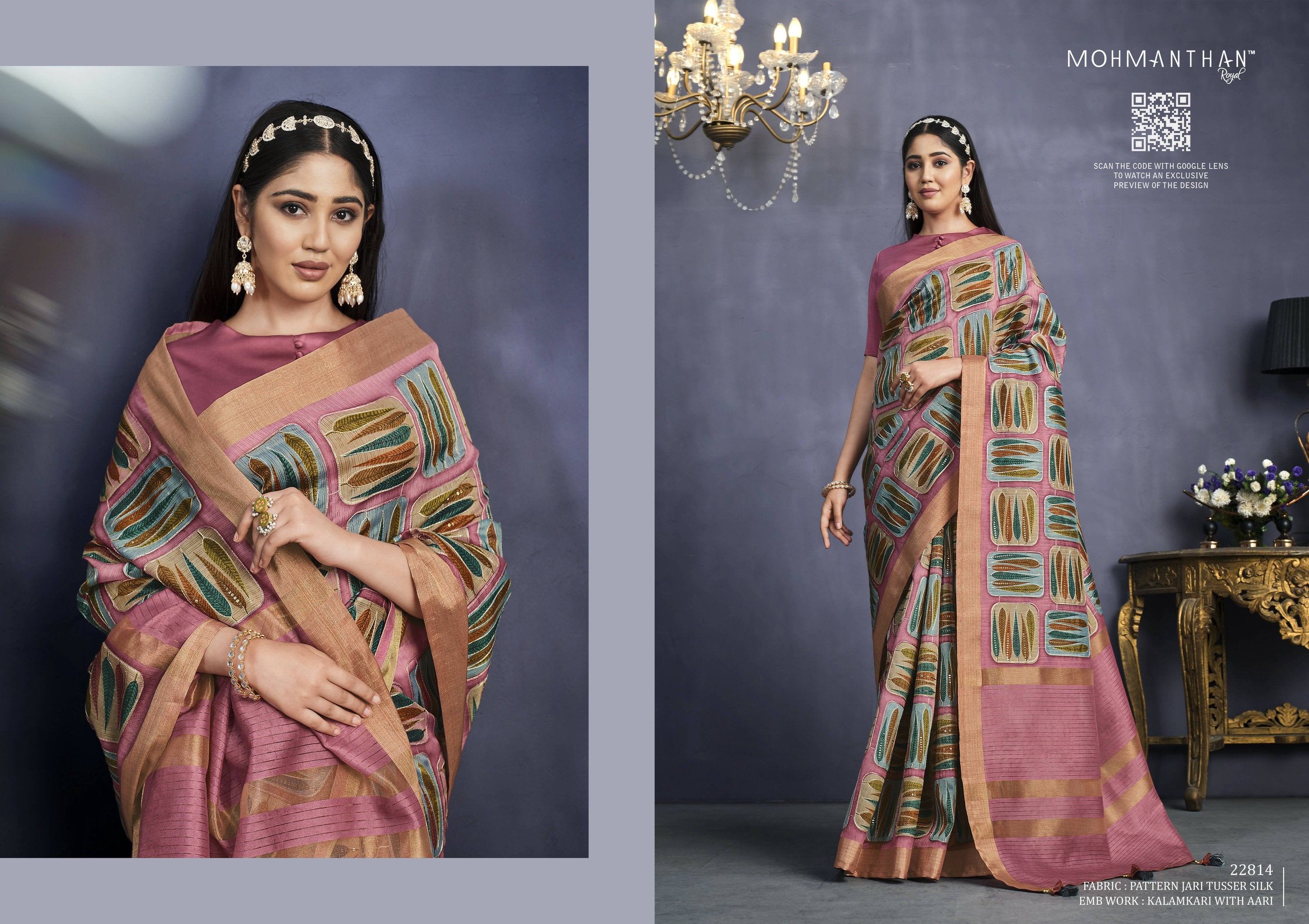 Pink Tusser Silk Floral Printed With Embroidered Work Saree With Unstitched Blouse - Mohmanthan Aahana - Distacart