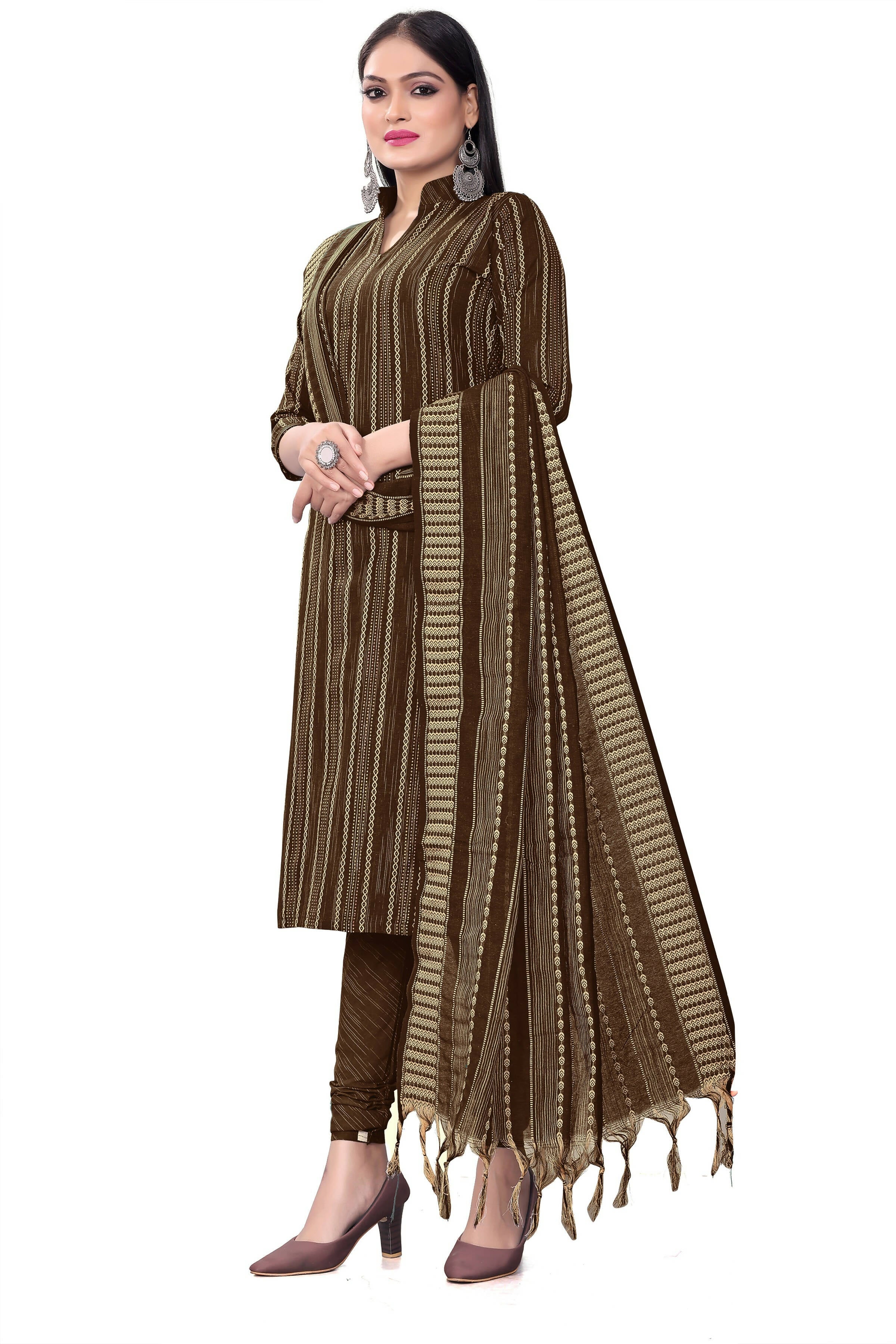 Brown Cotton Jacquard Woven Unstitched Dress Material - Tanvi - Distacart