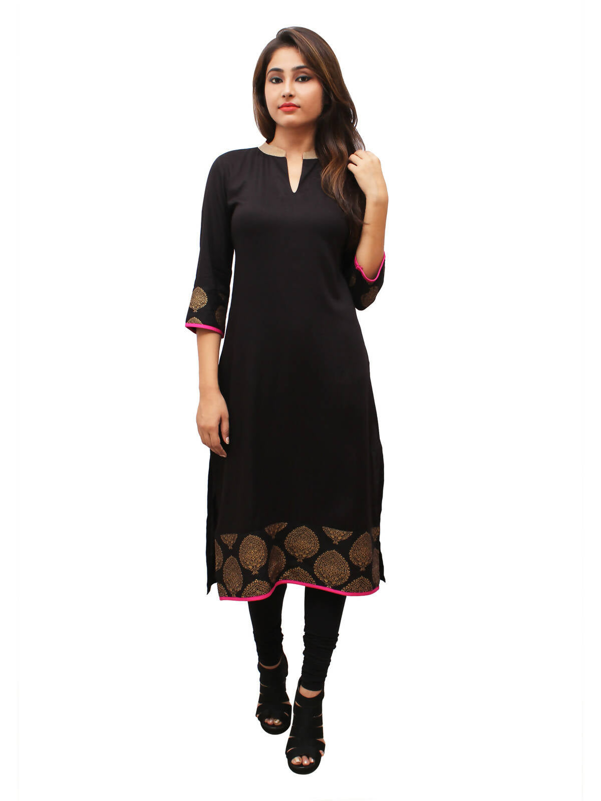 Women's Black Contrast Gold Print, V Nk Slit - G & A Apparels - Distacart