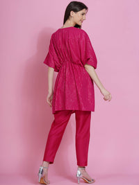 Thumbnail for Women Republic Pink Lurex Cotton Kaftan Style Kurta With Pants - Distacart