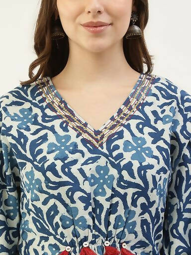 FIORRA Women's Printed Pure Cotton Kaftan Kurta - Blue - Distacart