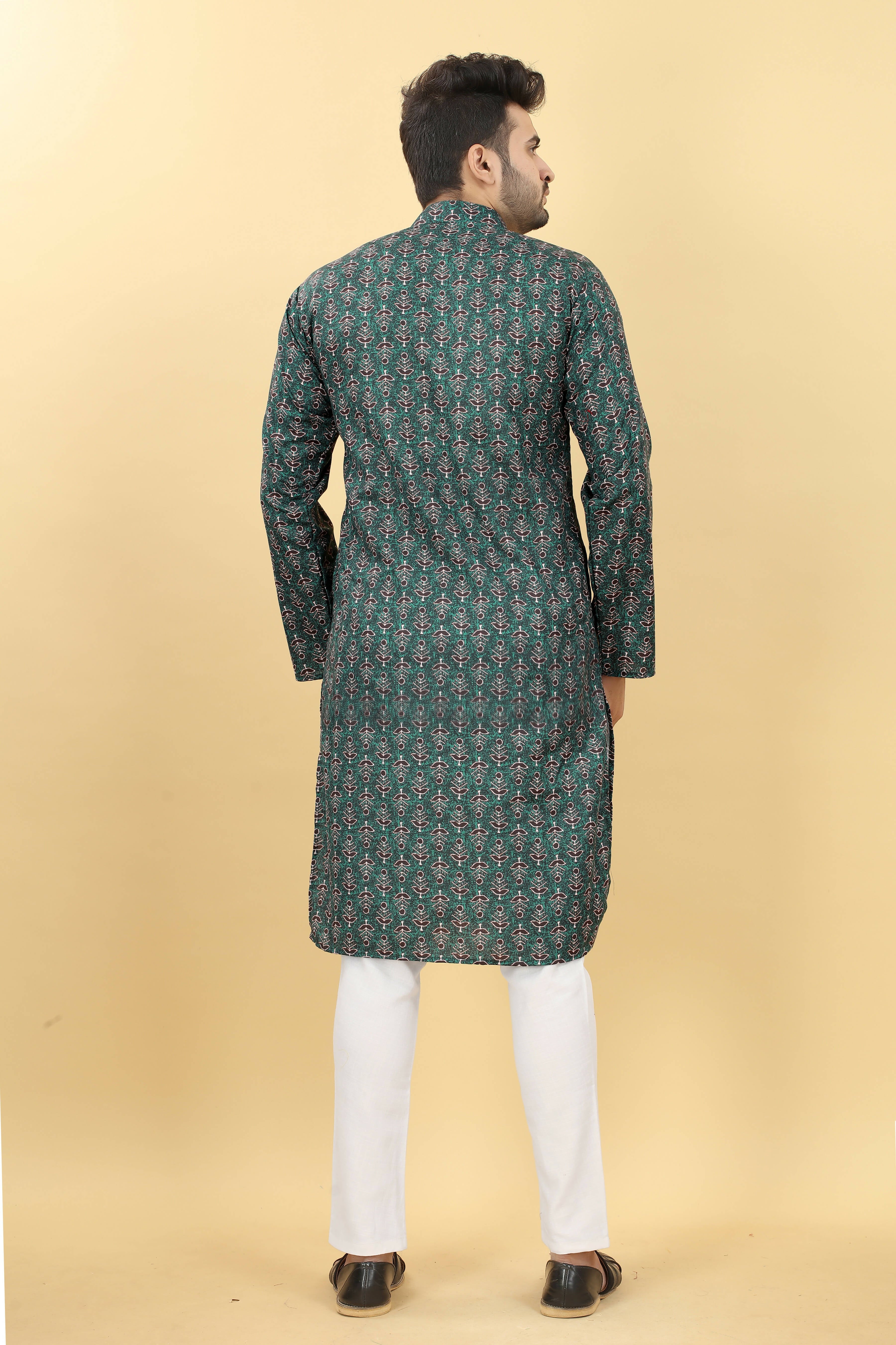 Teal Cotton Printed Men's Kurta - Mahotsav - Distacart