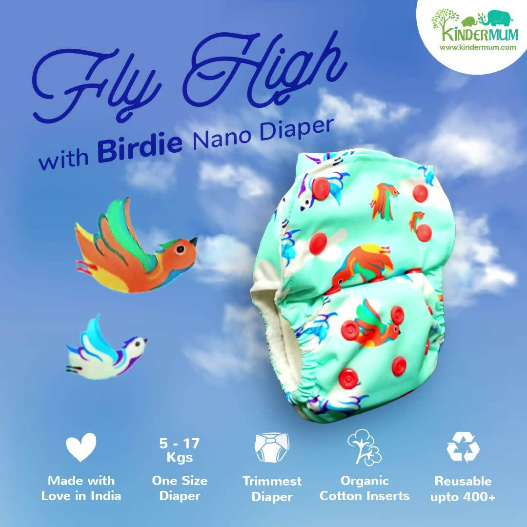 Kindermum Nano Aio Cloth Diaper With 2 Organic Cloth Inserts- Birdie For Kids - Distacart