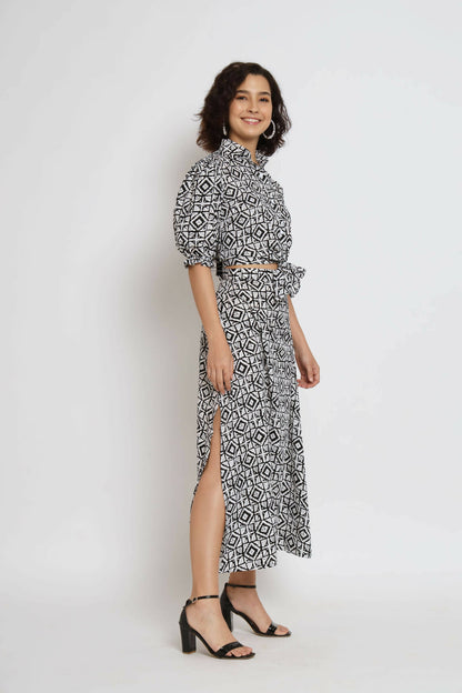 White Crepe Geometric Printed Top with Matching Skirt - Shivani - Distacart