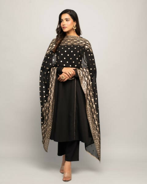 FIORRA Women's Black Creap A-Line Kurta Pant With Dupatta - Distacart