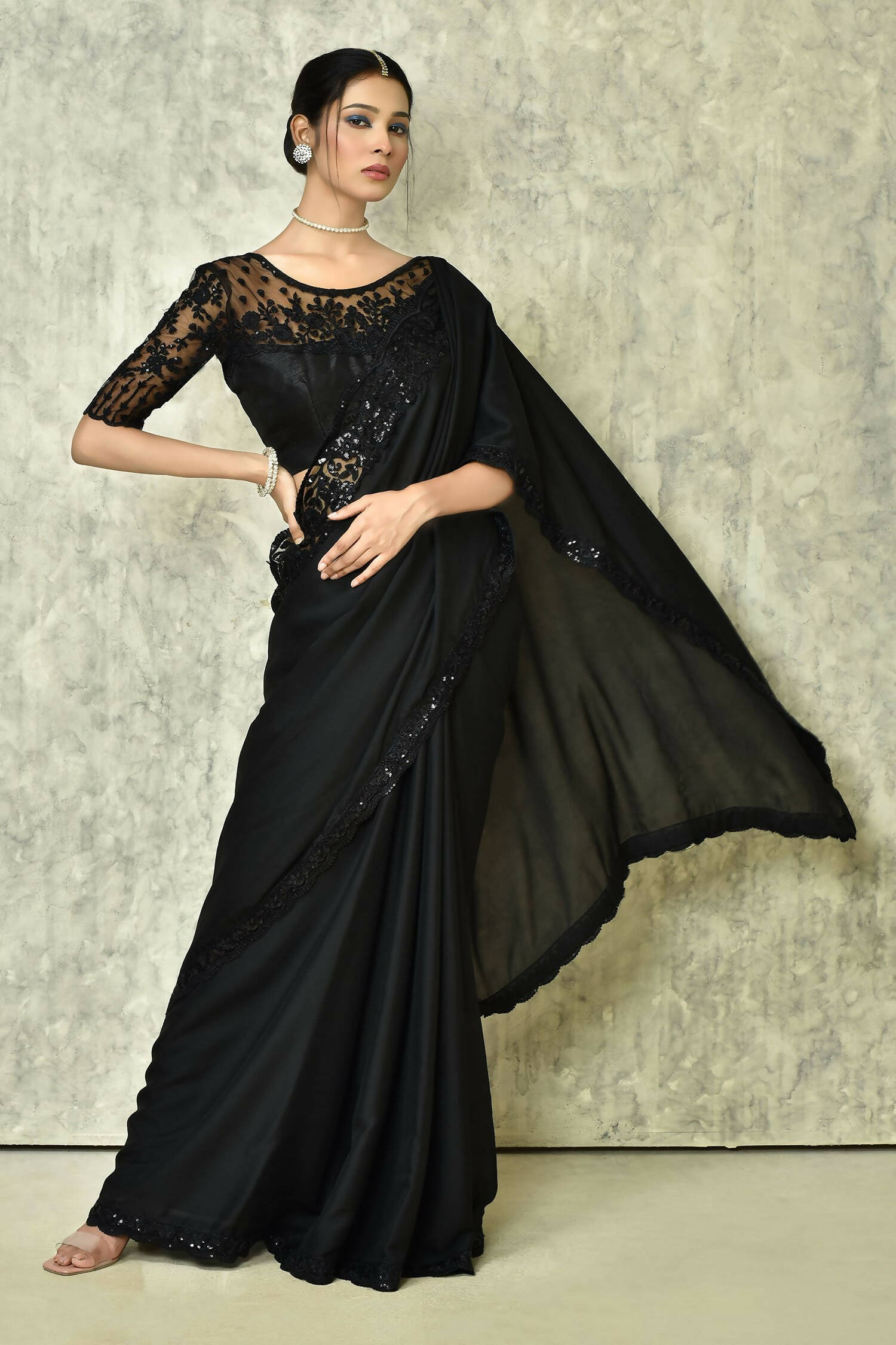 Black Silk Plain Saree with Blouse Piece - Purvi - Distacart