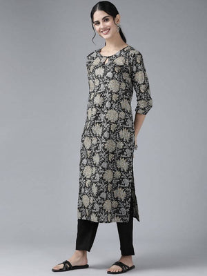Yufta Women Black Floral Pure Cotton Kurta with Trouser & With Dupatta