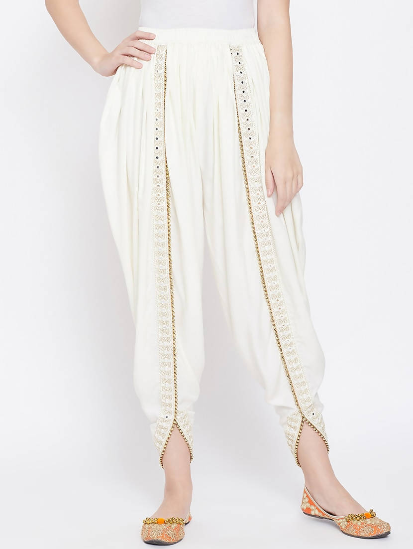 Cheera Women’s White Dhoti With Golden Lace - Distacart