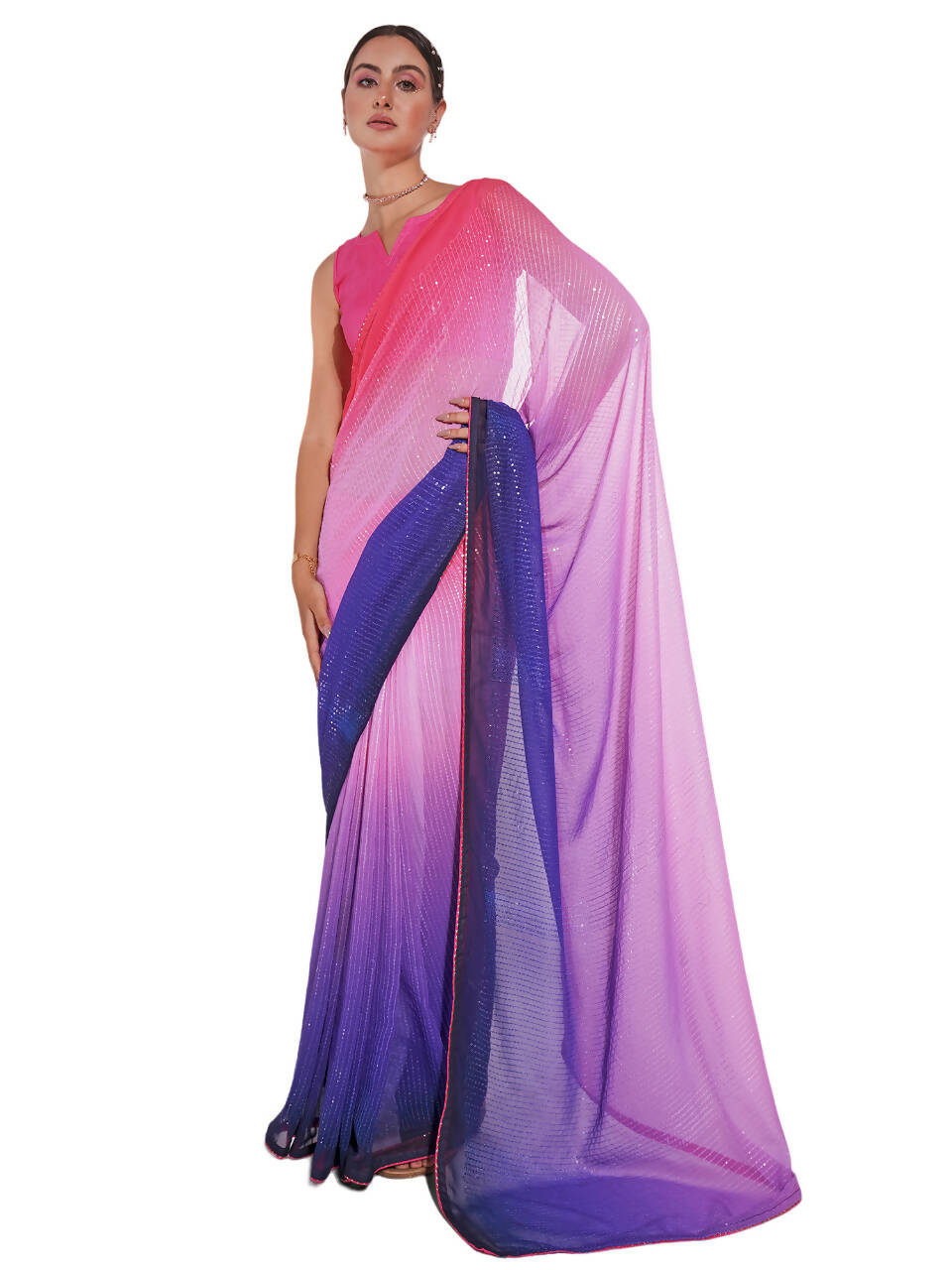 Pink Georgette Sequence Embroidery Saree With Unstitched Blouse Piece - Rajal - Distacart