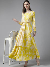 Thumbnail for Ahalyaa Womens Lemmon Yellow Crepe Digital Printed Drapped Dress - Distacart