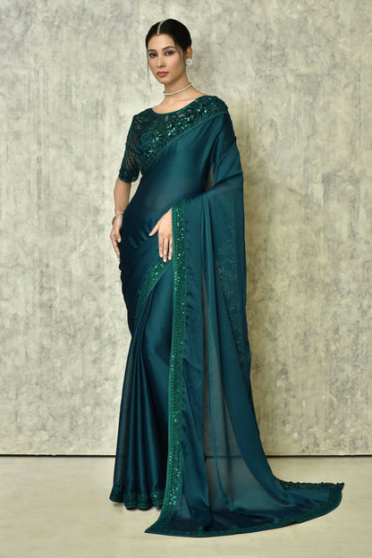 Teal Silk Solid Designer Saree with Blouse - Purvi - Distacart