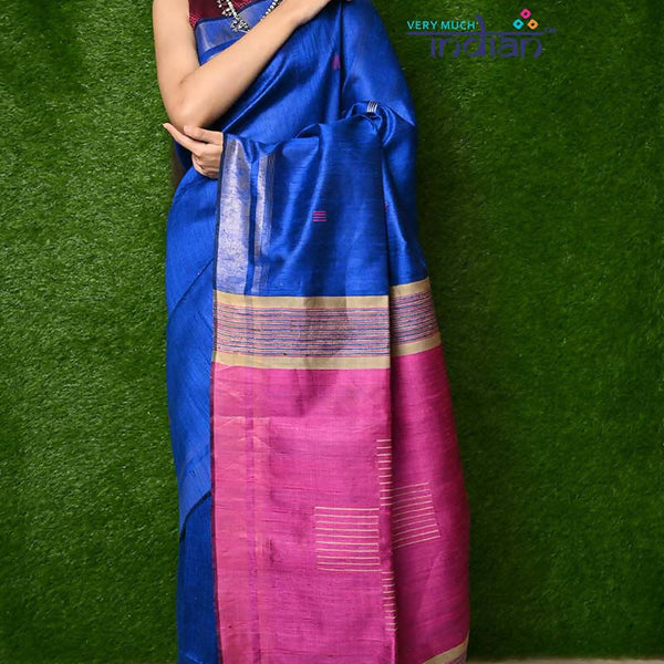 Very Much Indian Handwoven Raw Silk Dupion Saree - Cobalt Blue With Purple Pallu - Distacart