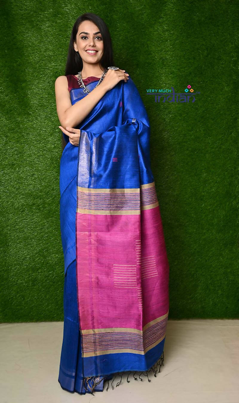 Very Much Indian Handwoven Raw Silk Dupion Saree - Cobalt Blue With Purple Pallu - Distacart