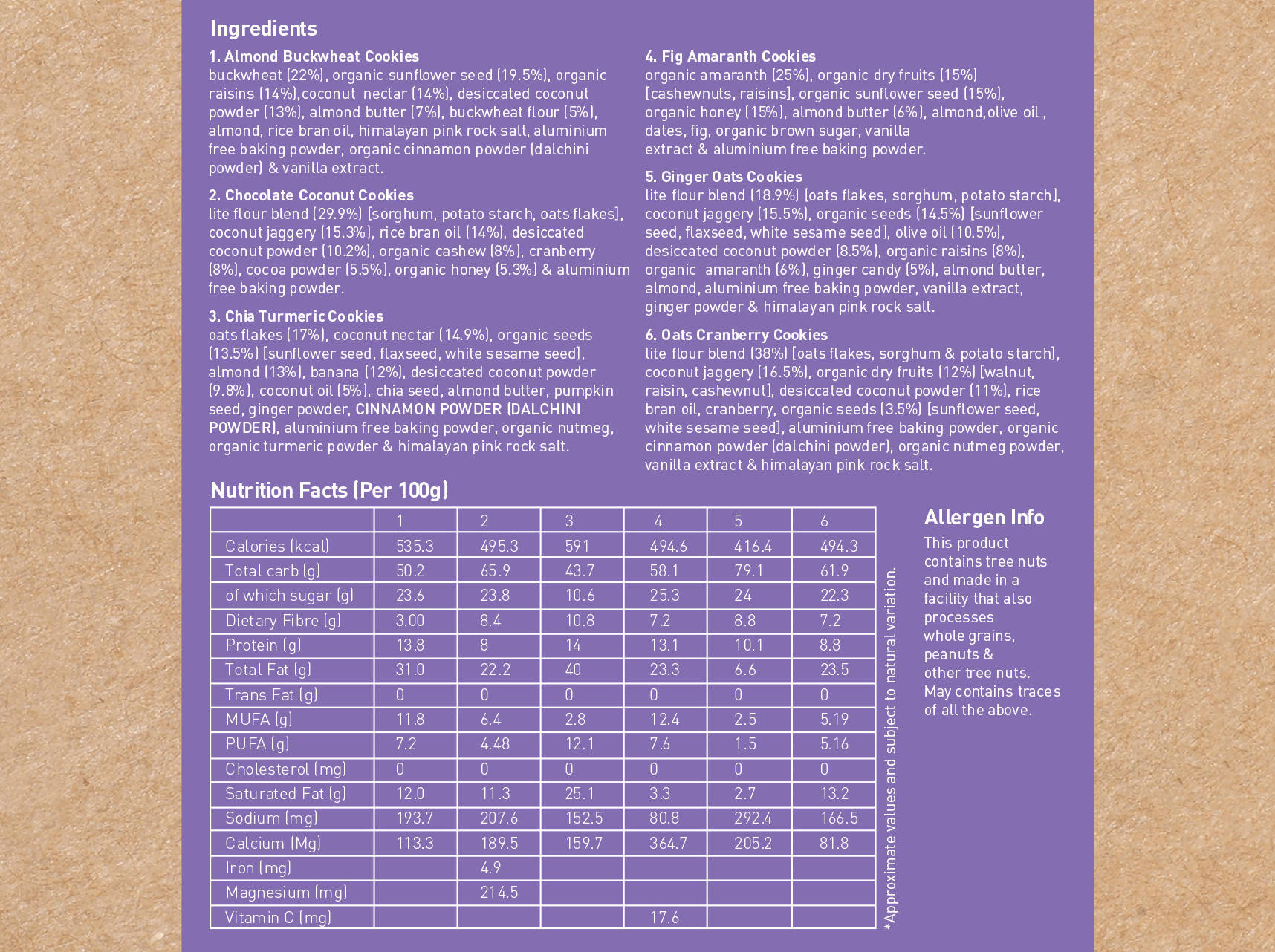 Nourish Organics Variety Cookies Pack ingredients