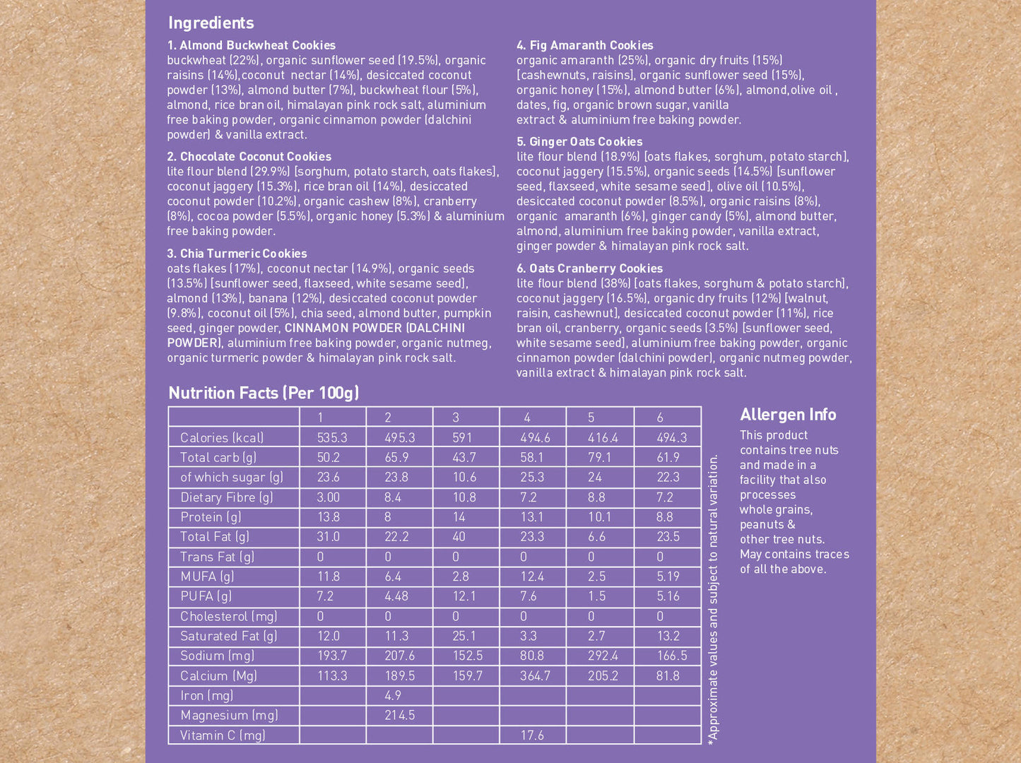 Nourish Organics Variety Cookies Pack ingredients