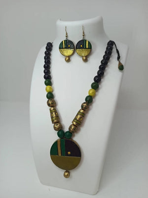 Terracotta Round Pendant Boho Style Medium Necklace Set With Hangings