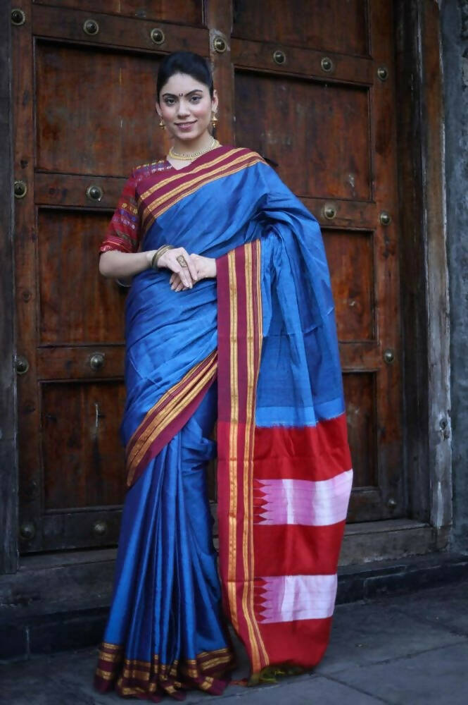Very Much Indian Handloom Cotton Viscose Ilkal Saree - Royal Blue - Distacart