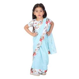Little Bansi 90's Era Saree with Silk Floral Blouse - Sky Blue