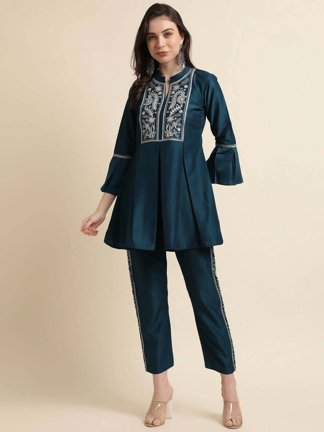 Teal Chinon Floral Embroidered Top with Bottom - Maanushi - Distacart