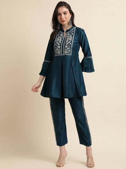 Teal Chinon Floral Embroidered Top with Bottom - Maanushi - Distacart