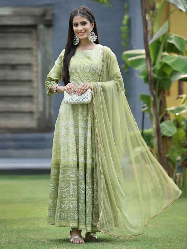 Juniper Green Santoon Slub Festive Foil Print Straight Lehnga Choli Set For Women - Distacart