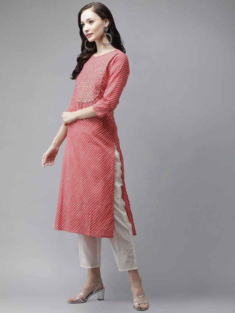Yufta Red and White Bandhani print Kurta with Trouser Set