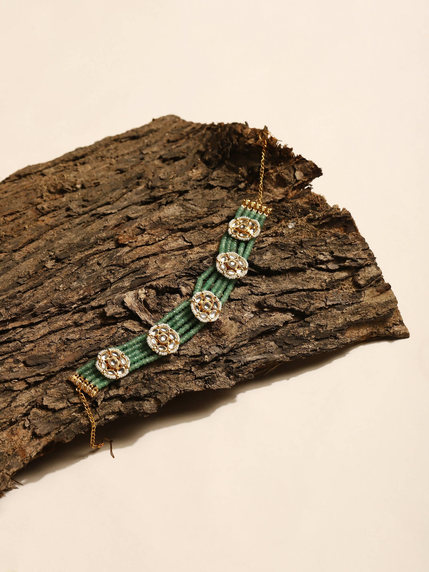 Gold-Plated Green Kundan Studded Headband - Ruby Raang - Distacart