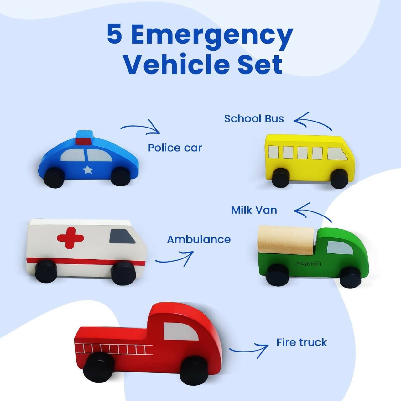 Matoyi Wooden Emergency Toy Vehicle Set of 5 - Distacart