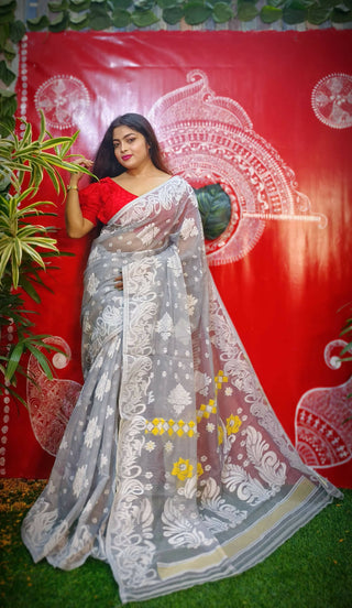Exclusive Collection Handloom Dhakai Jamdani Saree - Ash - Distacart