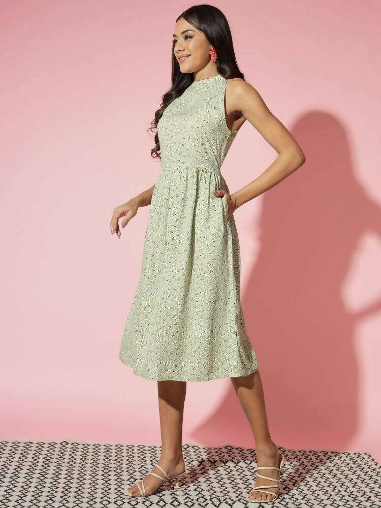 Myshka Women Green Ethnic Motifs Rayon A-Line Round Neck Dress - Distacart