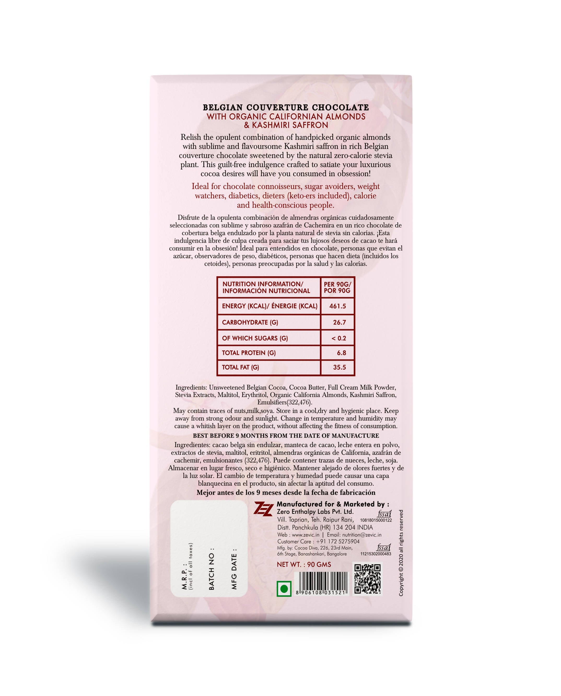 Zevic Belgian Couverture Chocolate with Organic Californian Almonds and Kashmiri Saffron