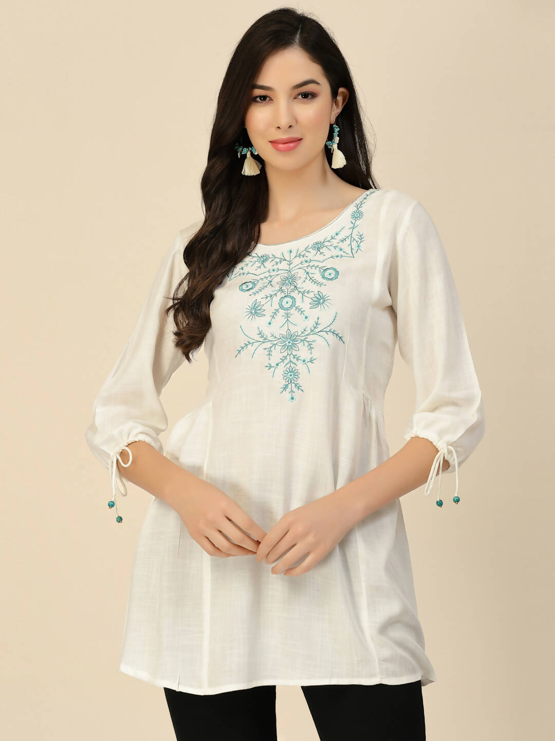 White Poly Rayon Floral Embroidered Top - Zeny - Distacart