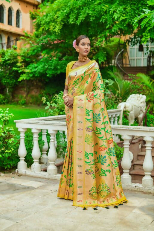 Vishnu Weaves Women's Yellow Paithani Silk Zari Woven Saree with Unstitched Blouse - Distacart