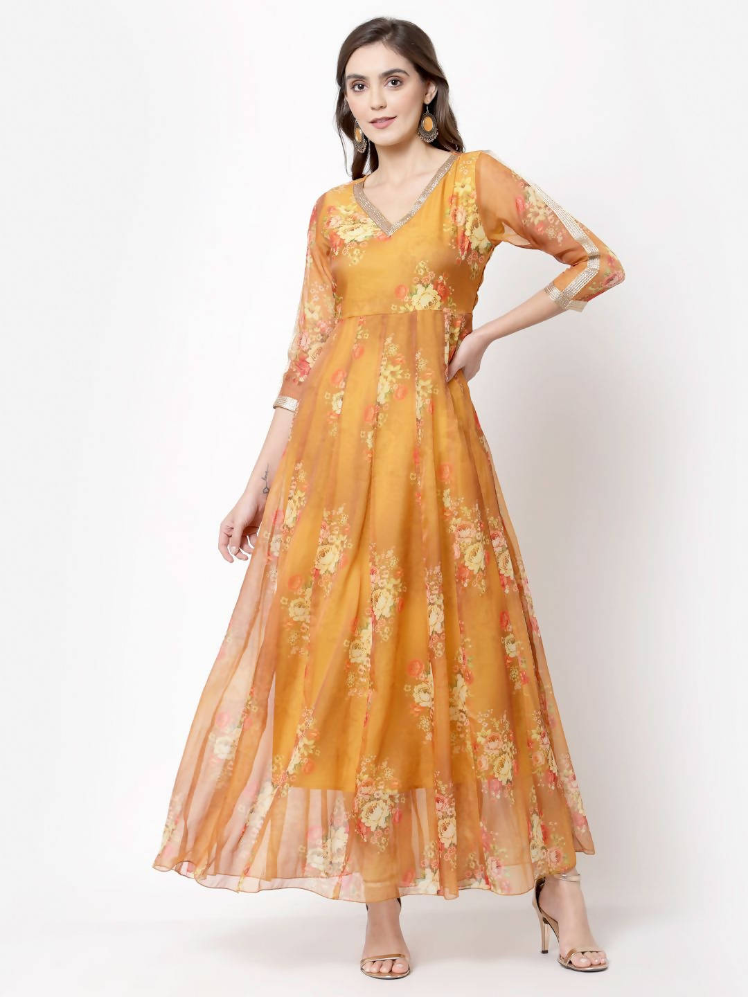 Myshka Women's Brown Organza Printed 3/4 Sleeve V Neck Casual Dress