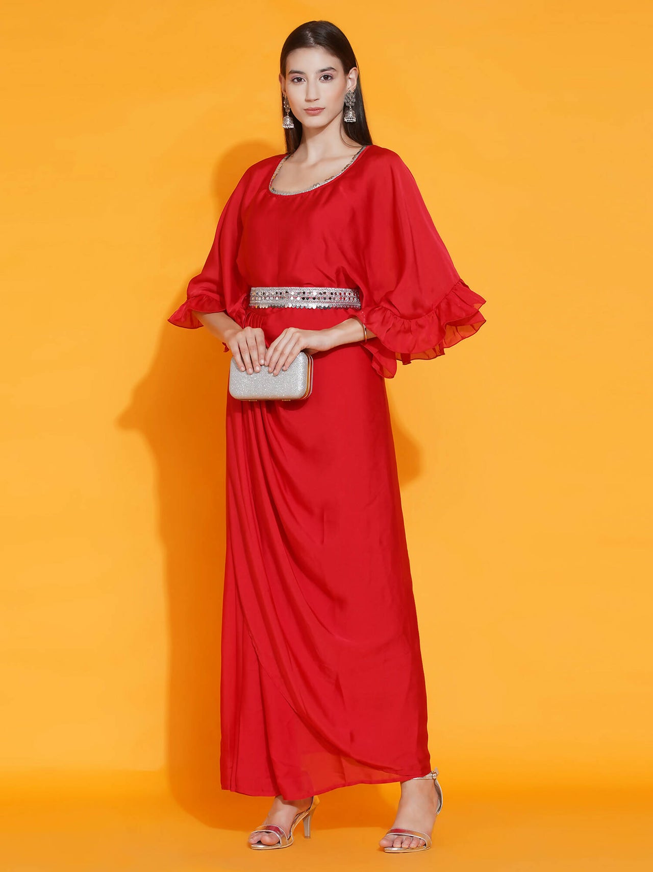 Women Republic Red Georgette Gown With Embellished Belt - Distacart
