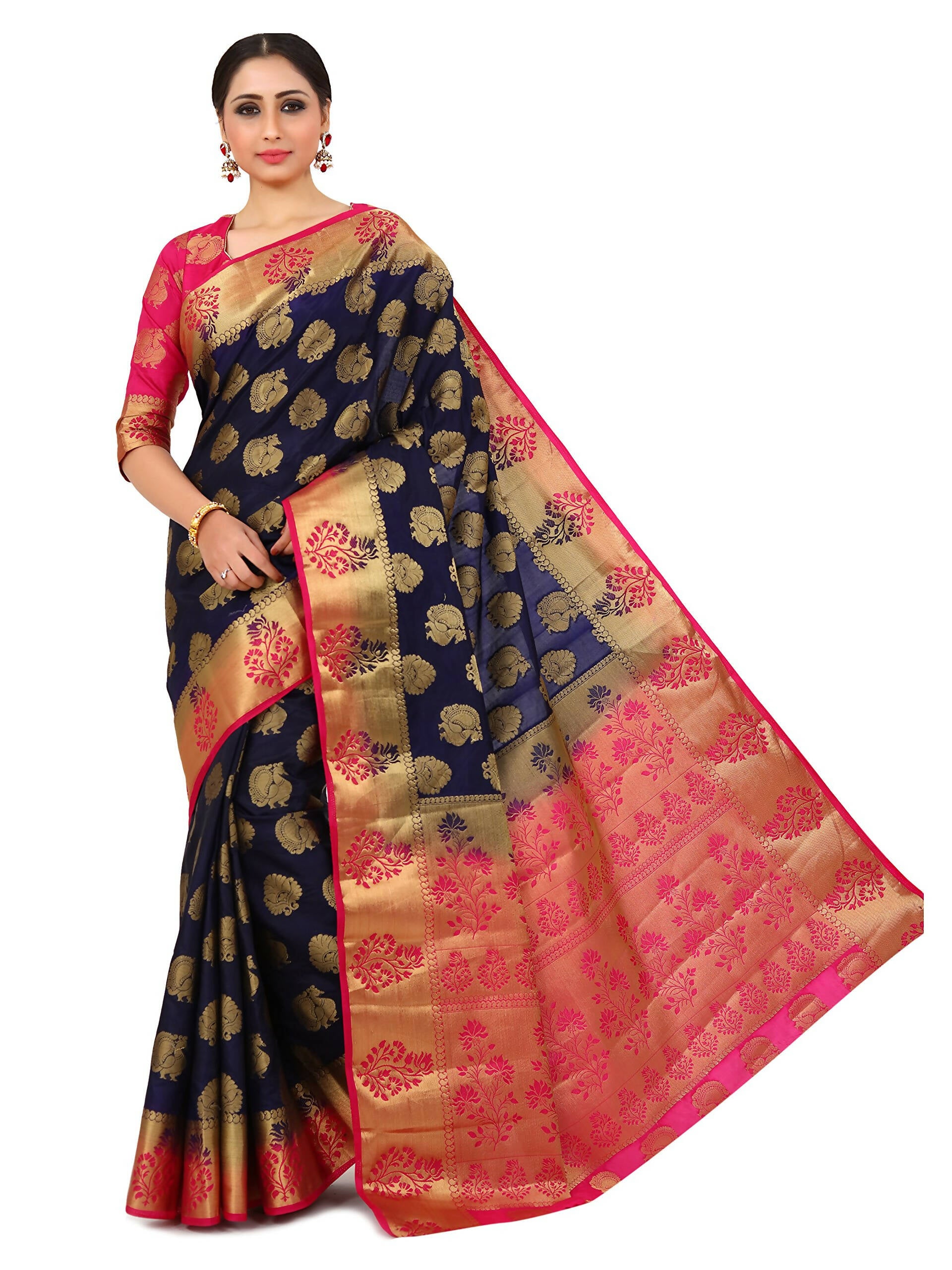 Mimosa Kanchipuram Silk Navy Blue Saree - Distacart