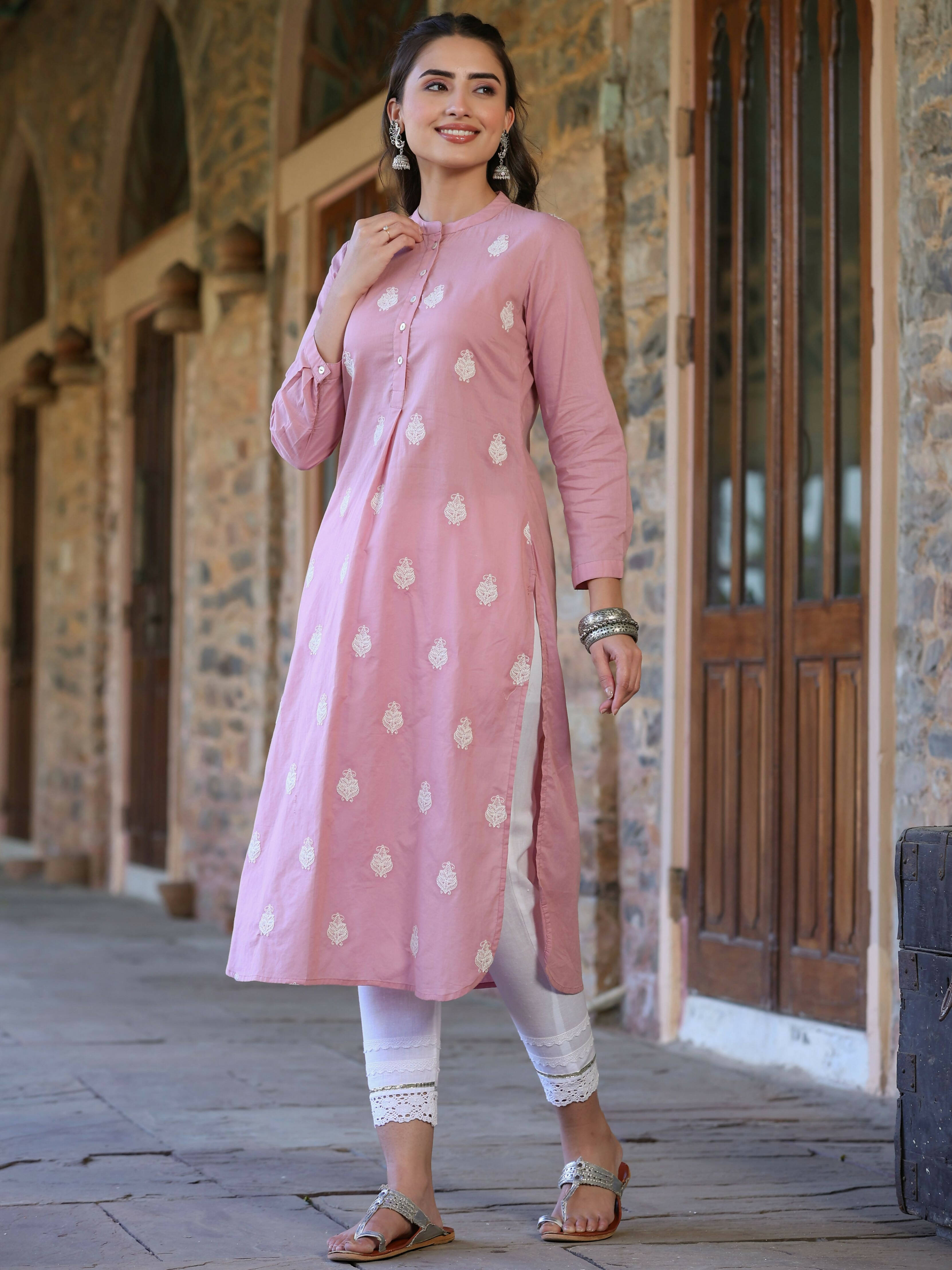 Juniper Women's Pink Cambric Printed Straight Kurta - Distacart
