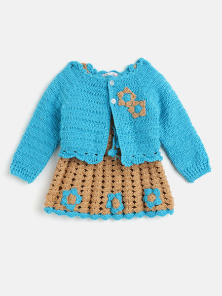 Chutput Kids Woollen Hand Knitted Full Sleeves Cardigan With Short Sleeves Flower Work Dress - Blue - Distacart