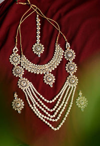 Thumbnail for Tehzeeb Creations White Colour Pearl And Necklace Earrings And Tikka With Stone And Kundan