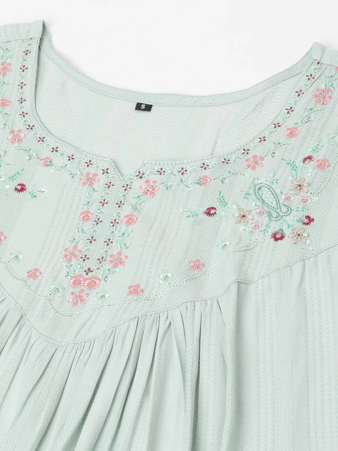 Light Blue Poly Cotton Yoke Embroidered A-line Top - Tarini - Distacart